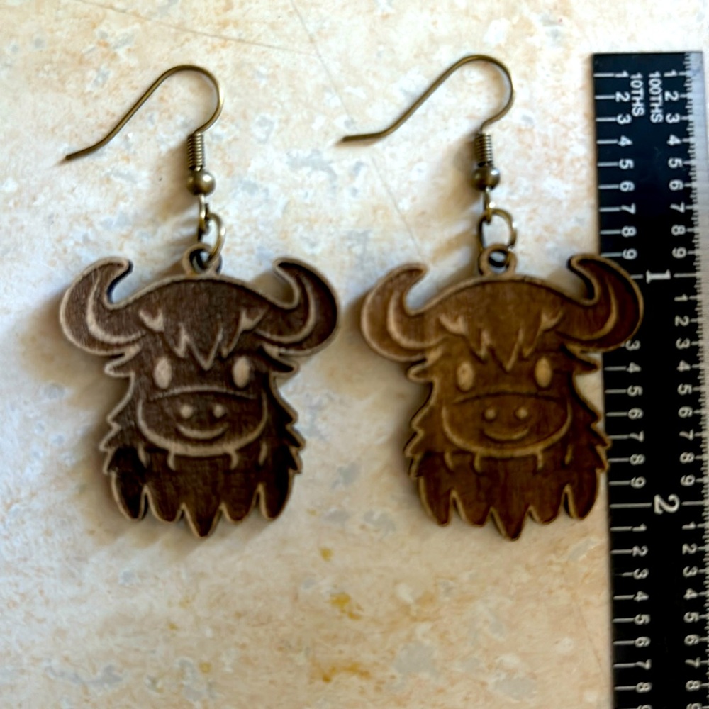 Handmade highland cow wood earrings